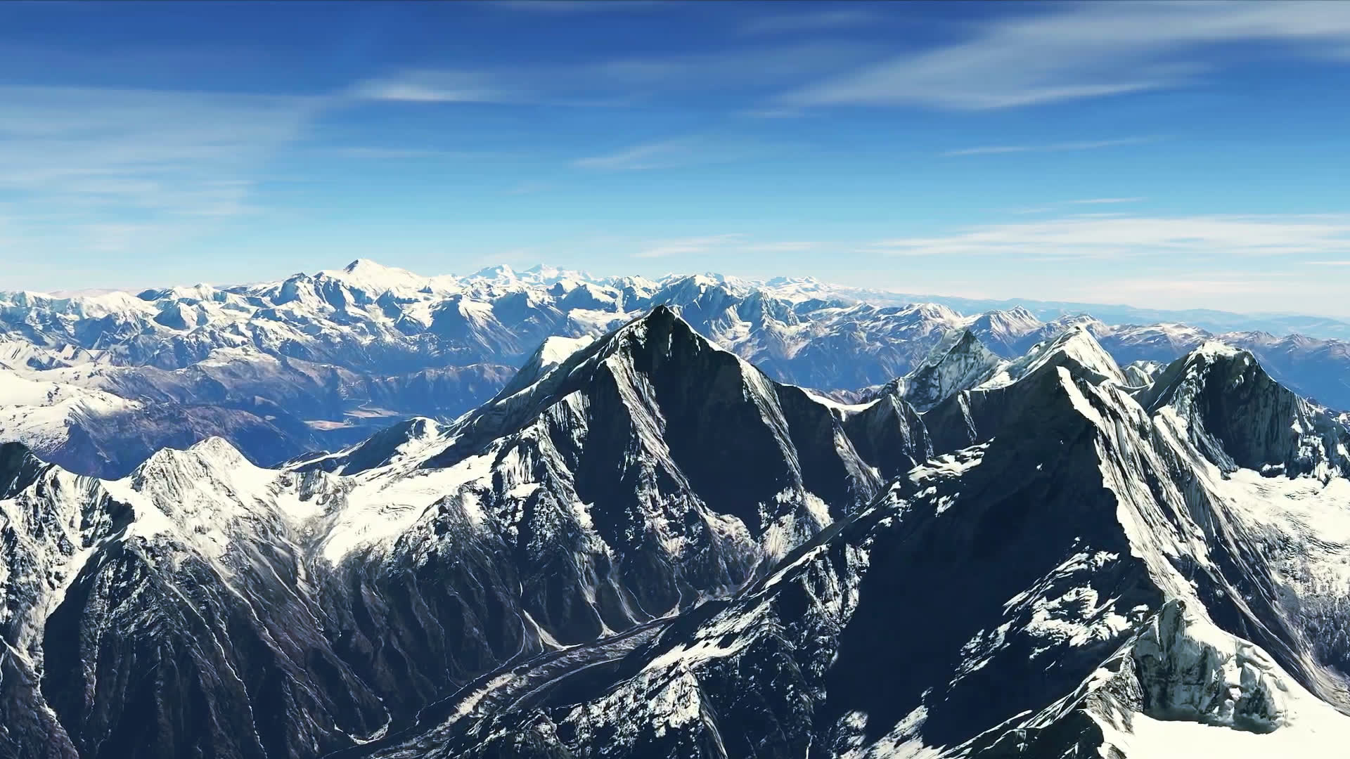 Aerial view of the mountain terrain above Everest's operating region
