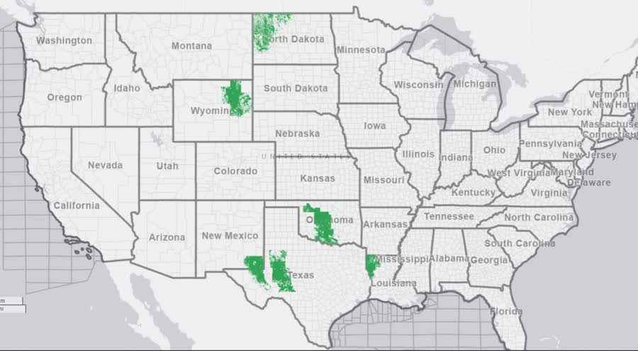 Map of the United States highlighting Everest Energy Partners' operating acreage in North Dakota, Wyoming, Oklahoma, Texas, and Louisiana